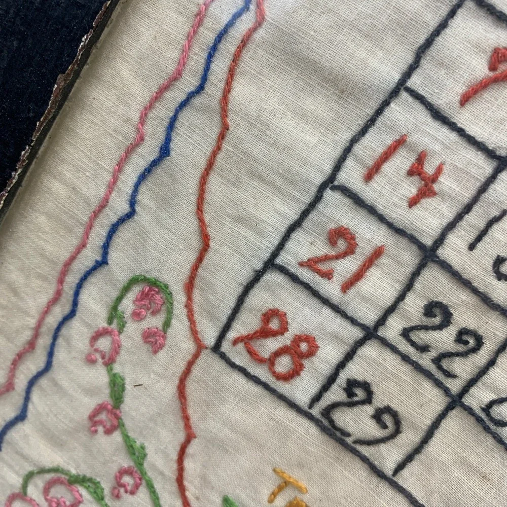 Vintage 1932 February Calendar‎ Framed Metal Handles Hand Embroidered